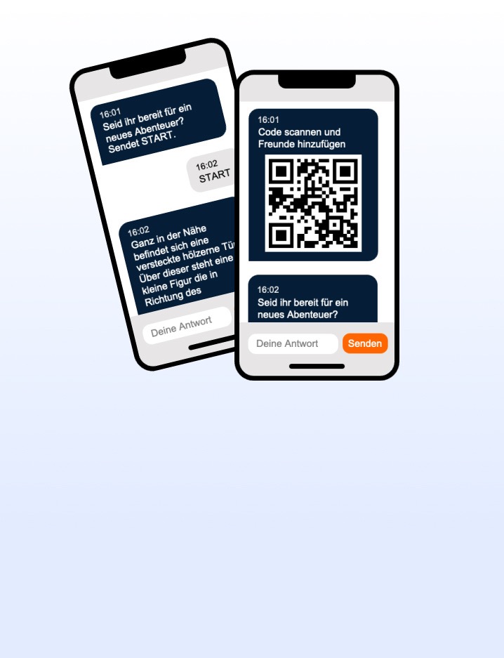 Zwei Smartphones zeigen den AachenQuest-Spielchat und einen QR-Code